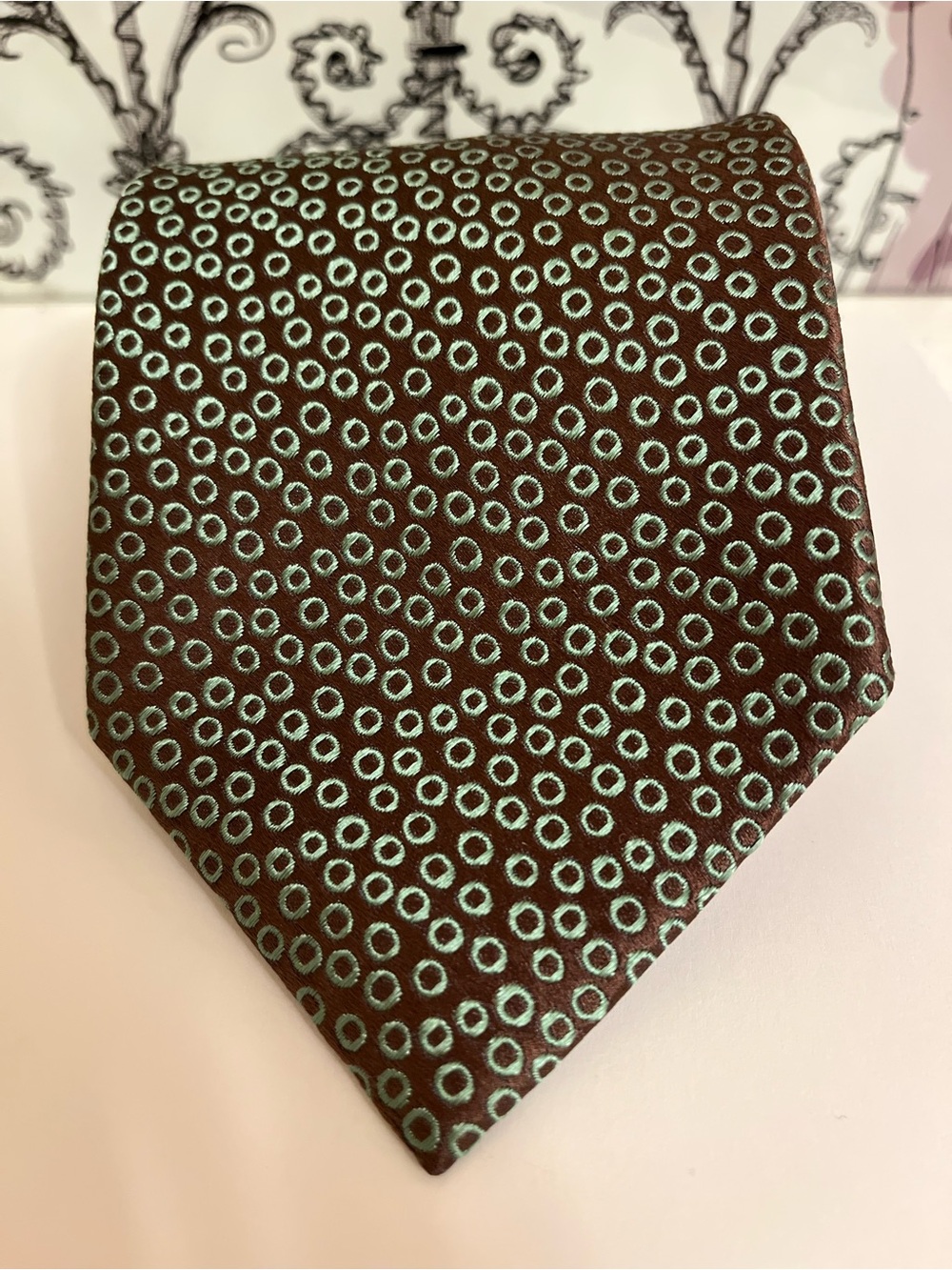 Charvet Place Vendôme Brown Silk Tie with Mint Green Circle Motif - France
